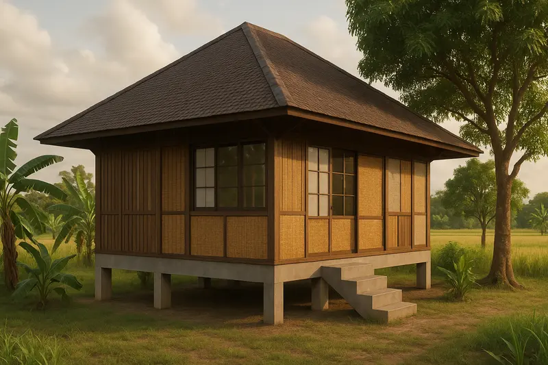 Design concept: a single-storey house raised on concrete posts, with a steep hip roof, deep eaves and walls of vertical timber slats and woven bamboo panels, beside banana plants and rice fields