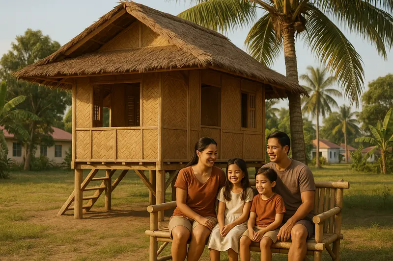 Design concept: a Filipino family of four sitting together on a bamboo bench beside a bahay kubo raised on posts, with coconut palms behind