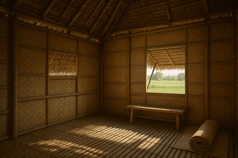 Design concept: the inside of a bahay kubo, with woven bamboo walls, a slatted floor, a bamboo bench, a rolled sleeping mat and a window propped open onto rice fields, under a thatched roof