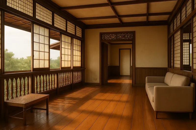 Design concept: an upper-floor living room with wide timber floorboards, sliding translucent grid windows along two walls, turned wooden balusters below the windows, carved fretwork over a doorway, a woven bench and a sofa