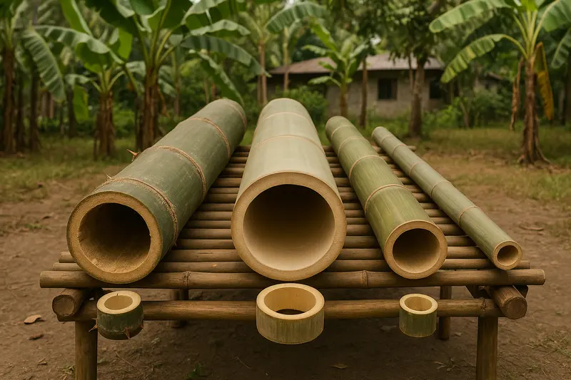 Design concept: four bamboo poles of different widths, from very wide to slim, laid side by side on a bamboo rack in a yard, with three short cut rings in front showing walls of different thickness, and banana plants and a small house behind