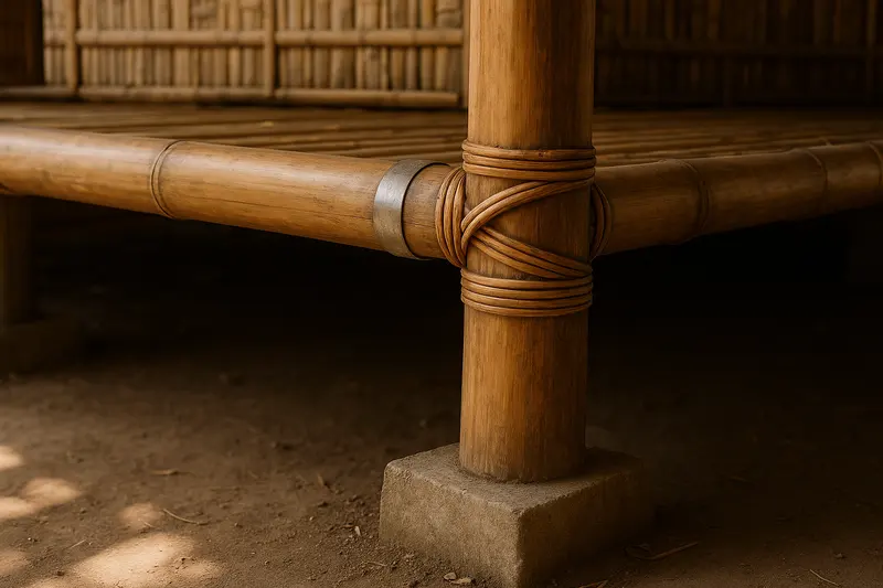 Design concept: close detail of a bamboo post lashed to a bamboo floor beam with wrapped rattan, a metal band around the beam beside the joint, and the foot of the post standing on a small concrete footing above bare soil, under a raised bamboo floor