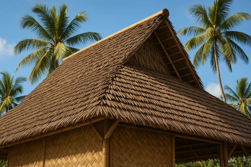 Design concept: view from below of a steep thatched roof of overlapping nipa shingle rows on a bamboo house, with a ridge pole along the top, the battens showing inside an open gable, and the eaves above woven bamboo walls, with coconut palms against a blue sky