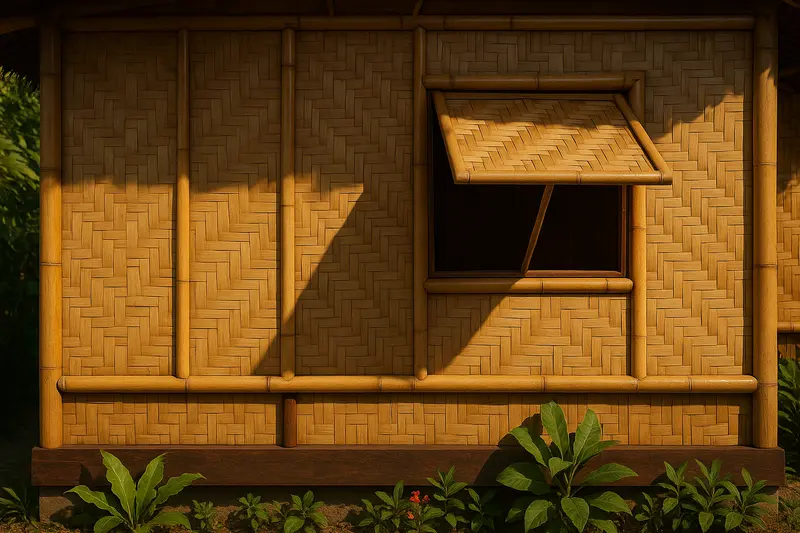 Design concept: close view of a bamboo house wall of woven bamboo panels in a frame of whole bamboo poles, above a dark hardwood base board, with a woven bamboo awning window propped open on a stick and garden plants at its foot