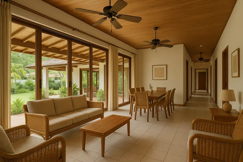 Design concept: a long living and dining room with sliding doors open to a covered lanai and garden, and a hallway to the bedrooms at the far end, all on one level