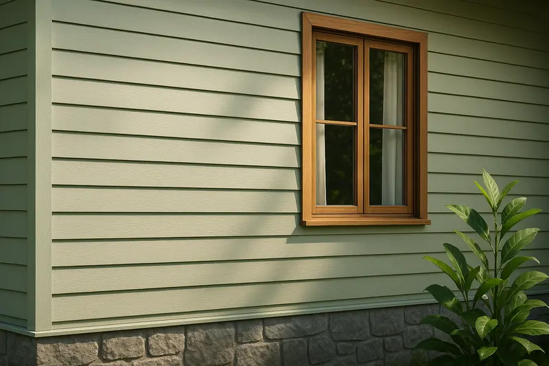 Design concept: close view of a house wall clad in horizontal fibre cement planks painted pale sage green, with a timber-framed window, the planks ending at a trim line above a grey stone plinth, and a leafy plant in front