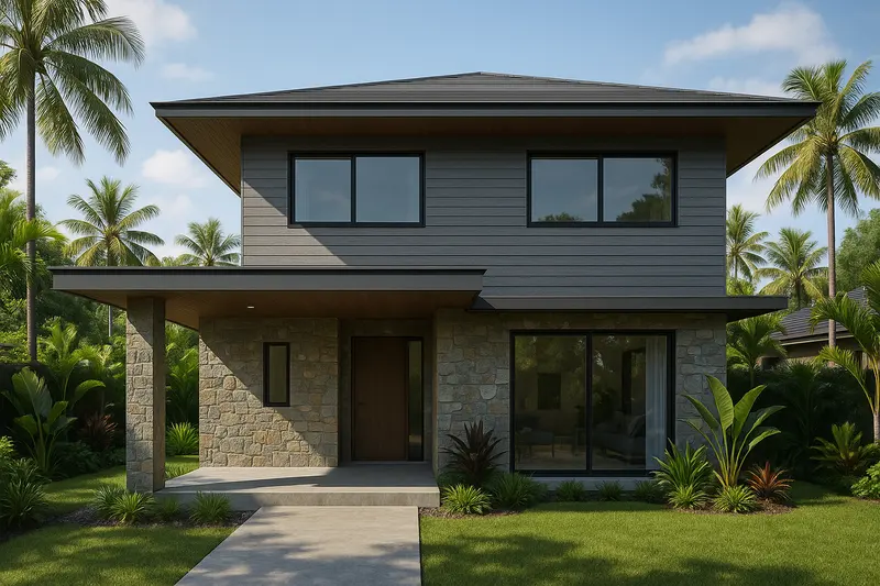Design concept: a two-storey house with a ground floor faced in rough natural stone and an upper floor clad in horizontal grey planks under a dark hip roof with deep eaves, a covered entrance on a stone column, and a tropical garden in front