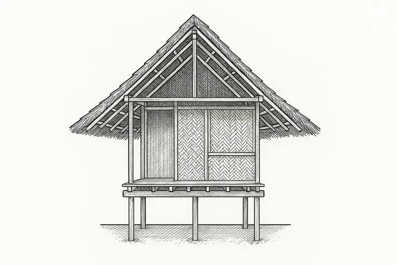 A pen drawing of a bahay kubo cut open from the front, showing the posts, the floor on its beams, woven wall panels and the bamboo roof frame under the thatch