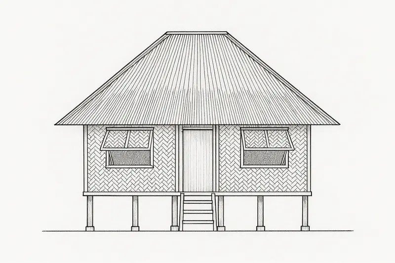 A clean line drawing of the front of a bahay kubo: a hip roof with straight thatch lines over a woven wall with a door and two windows, raised on posts with a short ladder