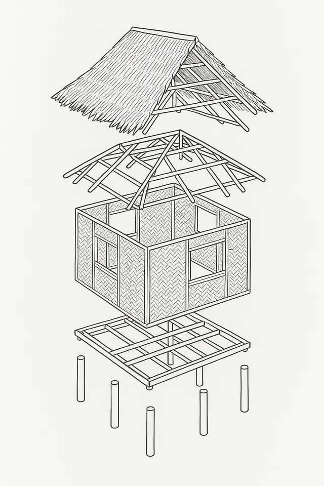 An exploded line drawing of a bahay kubo, its parts pulled apart vertically: posts at the bottom, then the floor frame, the walls, the roof frame and the thatched roof at the top