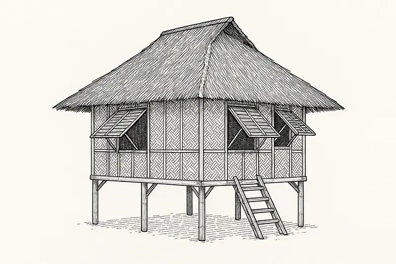 A pen drawing of a bahay kubo in three-quarter view, raised on posts, with woven walls, propped awning windows, a ladder to the door and a tall thatched roof