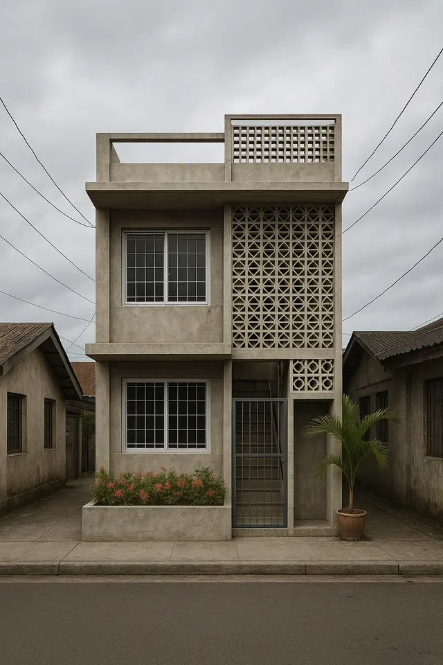 Design concept: the street front of a narrow two-storey concrete house with a wall of decorative breeze blocks screening the stair, grilled windows, concrete sunshades and a roof deck parapet