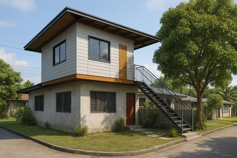 Design concept: a single-storey concrete house with a lighter clad second floor added above it, a new metal roof and an external steel stair at the side