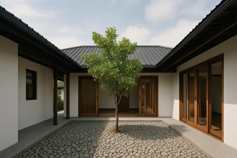 Design concept: a small open courtyard inside a single-storey house with white walls and dark metal roofs, a young citrus tree in a bed of grey pebbles, a covered walkway on one side under deep eaves, and timber-framed sliding doors opening onto it