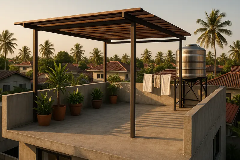 Design concept: a roof deck on a two-storey concrete house, with a steel and timber pergola, potted plants along a low parapet, towels drying on a line, and a steel water tank on a stand, over neighbouring tiled roofs and coconut palms in late afternoon light