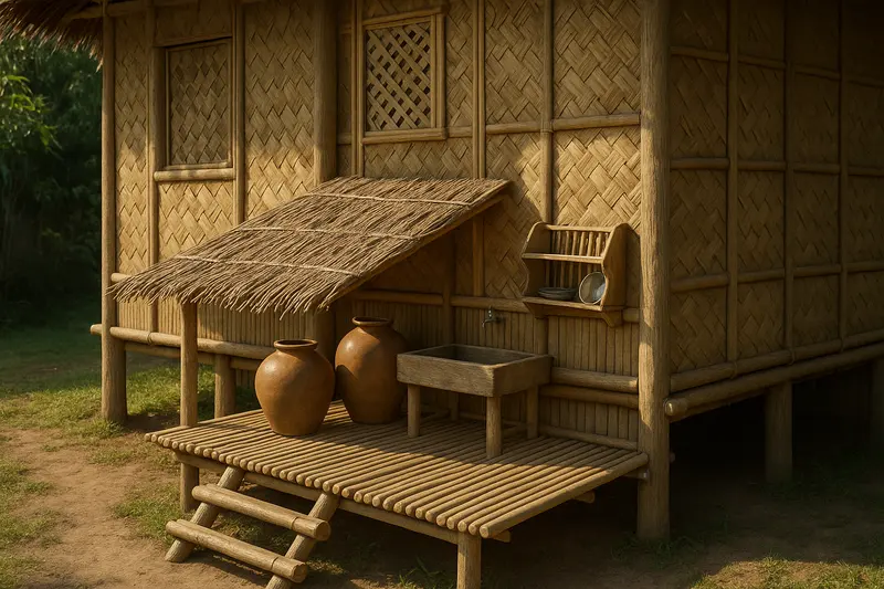 Design concept: the side of a bahay kubo with woven bamboo walls, showing a slatted bamboo batalan platform with two clay water jars, a wooden sink under a tap and a dish rack on the wall, under its own low thatched roof, with bamboo steps down to the yard