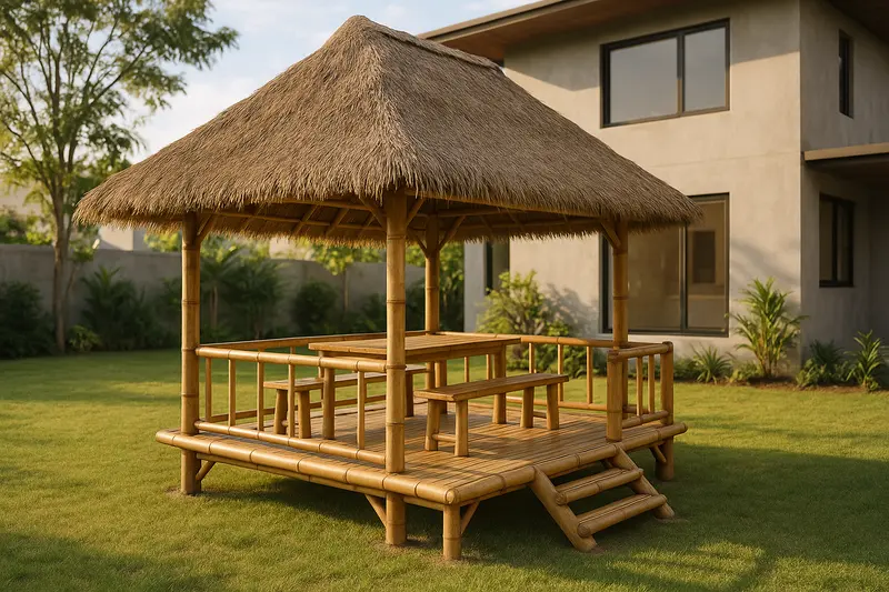 Design concept: an open garden kubo on a backyard lawn, a bamboo platform two steps up with bamboo rails, a table and benches, under a steep thatched roof on bamboo posts, with a two-storey concrete house behind