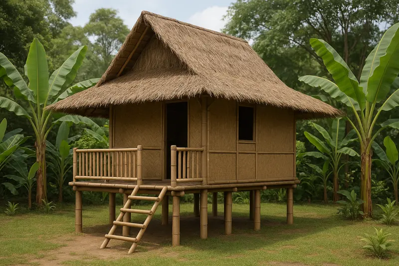 Design concept: a bahay kubo on bamboo posts with woven bamboo walls, a steep thatched roof with deep eaves, and a small front porch behind a waist-high bamboo rail, reached by a bamboo ladder, among banana plants