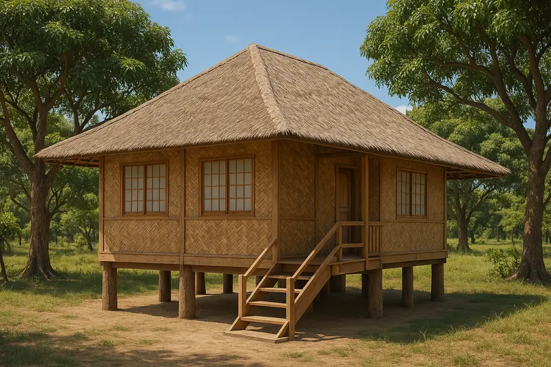 Design concept: a larger bahay kubo on timber posts under one long steep thatched hip roof, with woven bamboo walls, windows of small translucent panes in timber frames, and a timber stair with a handrail up to a small porch and door, among mango trees