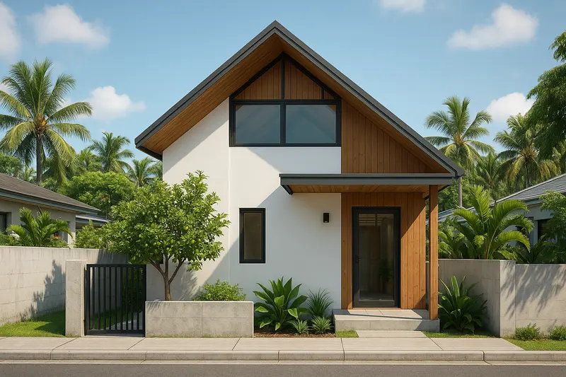 Design concept: a small white and timber house with a tall gable roof and a high window under the ridge, behind a low wall with a steel gate