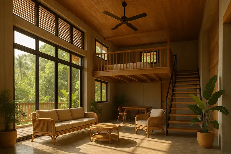 Design concept: a double-height living room with a timber loft over part of it, reached by a timber stair, with high louvred windows near the ceiling and rattan furniture below