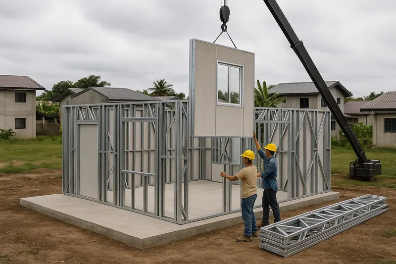 Design concept: two Filipino workers in hard hats guiding a wall panel with a window as a crane lowers it into a light steel frame on a concrete slab, with roof trusses stacked beside it