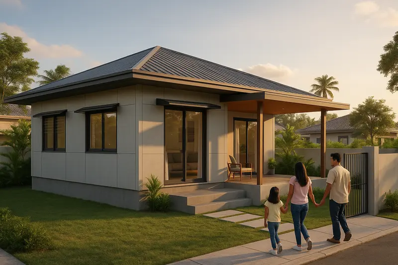 Design concept: a single-storey house of grey fibre-cement panels with a metal hip roof, window sunshades and a covered lanai, on a raised concrete base, with a Filipino family walking up the path from the gate