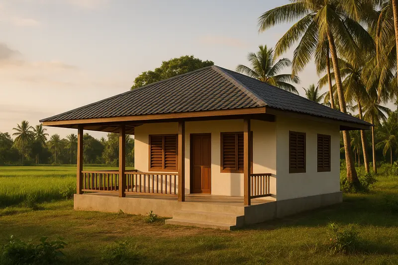 Design concept: a small white single-storey house with a dark hip roof, deep eaves and a timber-railed lanai along the front, on a raised concrete base among coconut trees beside rice fields