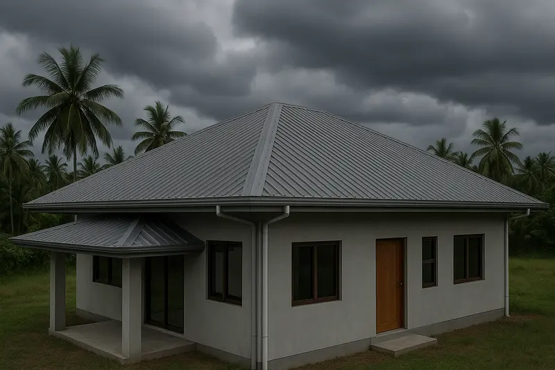 Design concept: a single-storey concrete house with a grey metal hip roof, short eaves, gutters and a separate lower roof over the entrance, under dark clouds with coconut palms behind