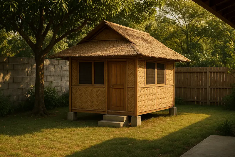 Design concept: a small closed bahay kubo with woven bamboo walls, a timber door and screened windows under a steep thatched roof, standing on short concrete footings in the corner of a lawn, set back from a concrete block wall and a timber fence, shaded by a tree