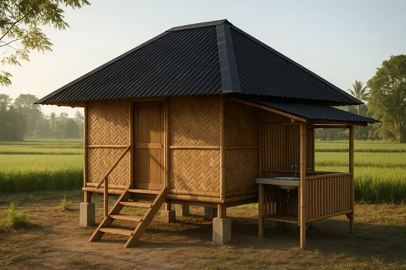 Design concept: a small bahay kubo on short concrete piers, with a bamboo frame, woven bamboo walls and a steep dark corrugated metal hip roof, a timber stair with a handrail to the door, and a slatted batalan with a sink under its own lower roof at one side, with rice fields behind