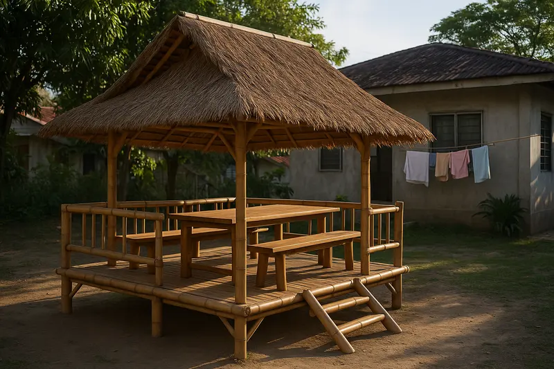 Design concept: an open tambayan kubo in a backyard, a bamboo platform a step up with bamboo rails, a long timber table and benches under a steep thatched roof on bamboo posts, beside a plain concrete house with laundry drying on a line