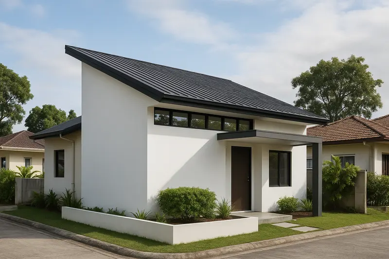Design concept: a small single-storey white house under a single sloping dark metal roof, with a row of high windows near the top of the front wall, a dark door under a flat canopy on a steel post, and a low white planter wall along a subdivision street
