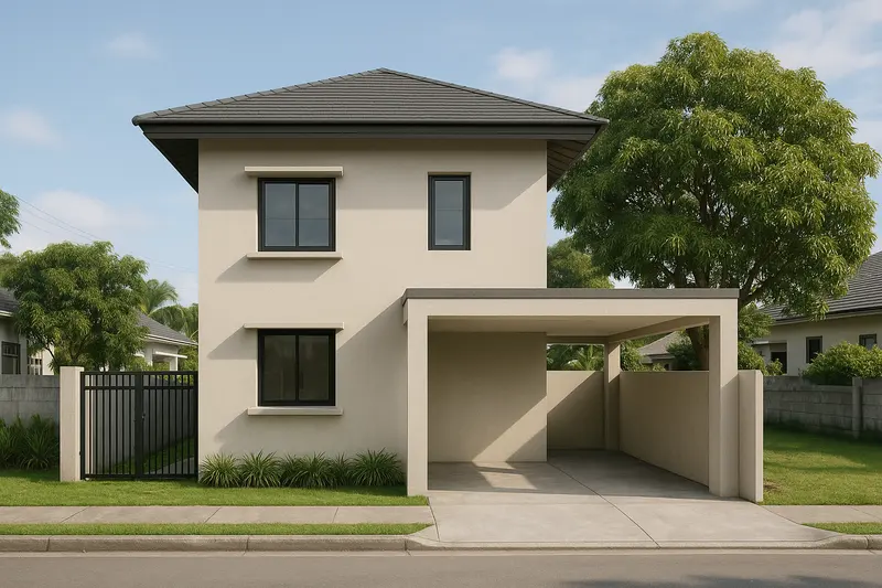 Design concept: a plain two-storey house as one box under a dark hip roof with deep eaves, with windows lined up above each other under small concrete sunshades, a flat-roofed carport at the side, a black steel gate and a large tree, on a subdivision street