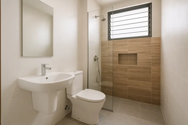 Design concept: a small tiled bathroom with a sink and toilet near the door, a fixed glass panel, and a shower beyond it under a high louvred window, with wood-look tiles and a niche in the shower wall