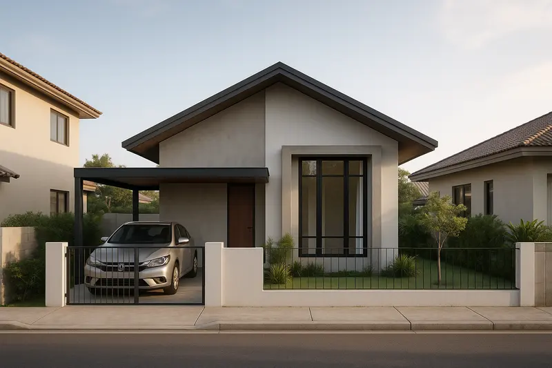 Design concept: a small single-storey house with a gable roof on a narrow subdivision lot, a carport on one side and a low wall with a steel gate at the street