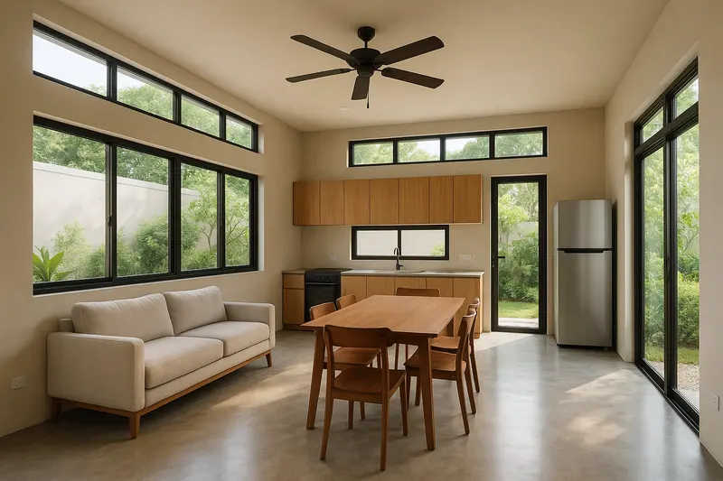 Design concept: one open room with a sofa, a timber dining table for six and a kitchen along the back wall, lit by high windows and a glass door to the garden