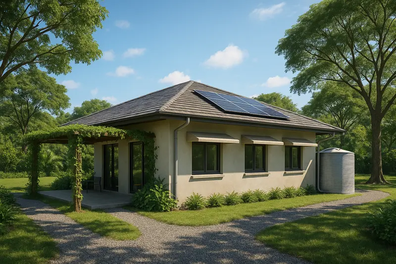 Design concept: a single-storey house with solar panels on a hip roof, a rainwater tank fed by the gutters, concrete sunshades over the windows and a vine-covered pergola, among shade trees
