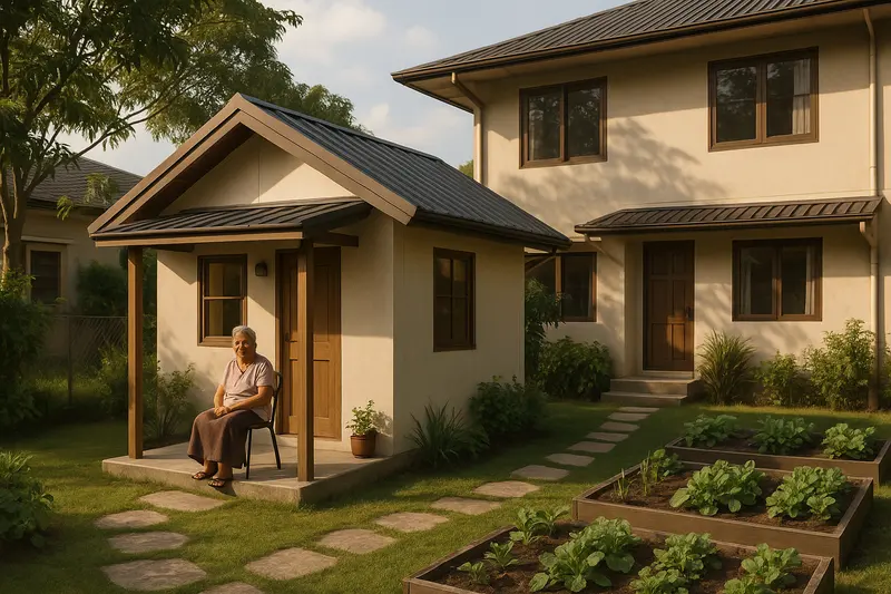 Design concept: a tiny plastered house with a metal gable roof and a small covered porch in the back garden of a larger two-storey house, an elderly Filipino woman sitting on a chair on the porch, a stepping-stone path between the two houses, and raised vegetable beds