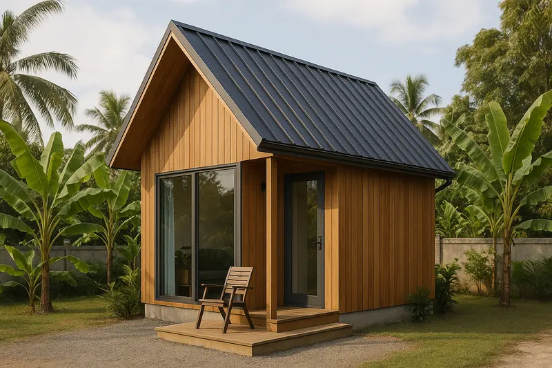 Design concept: a tiny house clad in vertical timber boards under a steep dark metal gable roof, with a tall glass window, a glass door under the roof overhang and a small timber deck with one chair, among banana plants beside a boundary wall