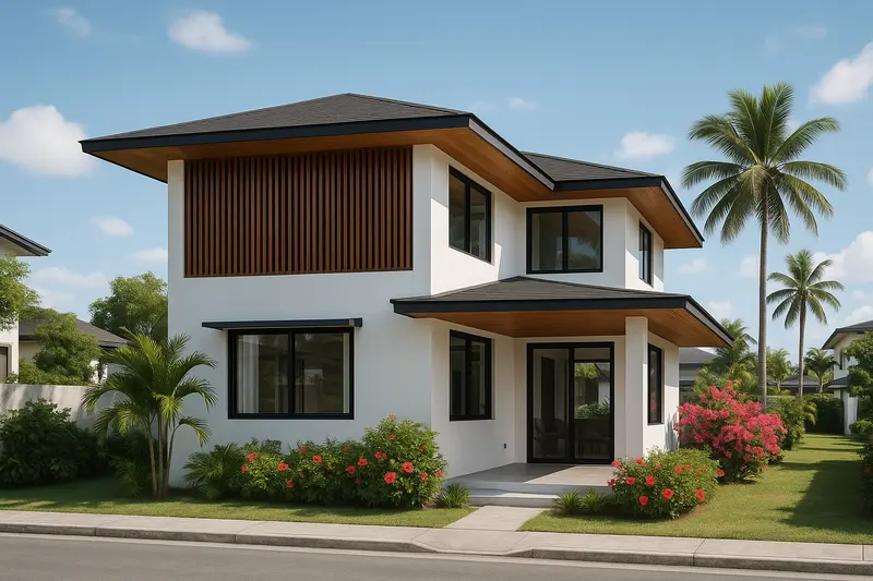 Design concept: a white two-storey house with wide roof overhangs, vertical timber louvres over the upper windows and a covered lanai, in a subdivision garden with palms and bougainvillea