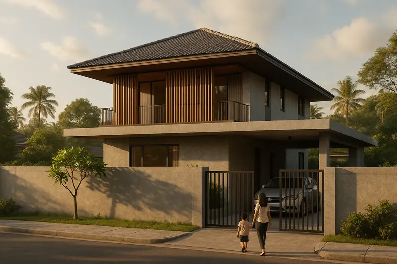 Design concept: a modern two-storey house with a hip roof, a shaded upper balcony behind timber screens, a carport and a steel gate, with a mother and child walking toward the gate