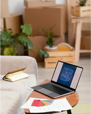 Laptop and design tools with color palette, symbolizing 3D visualization in home design