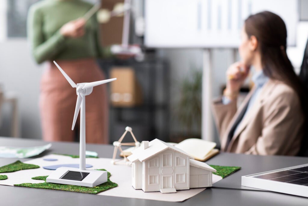 Architects researching alternative energy sources for sustainable building design